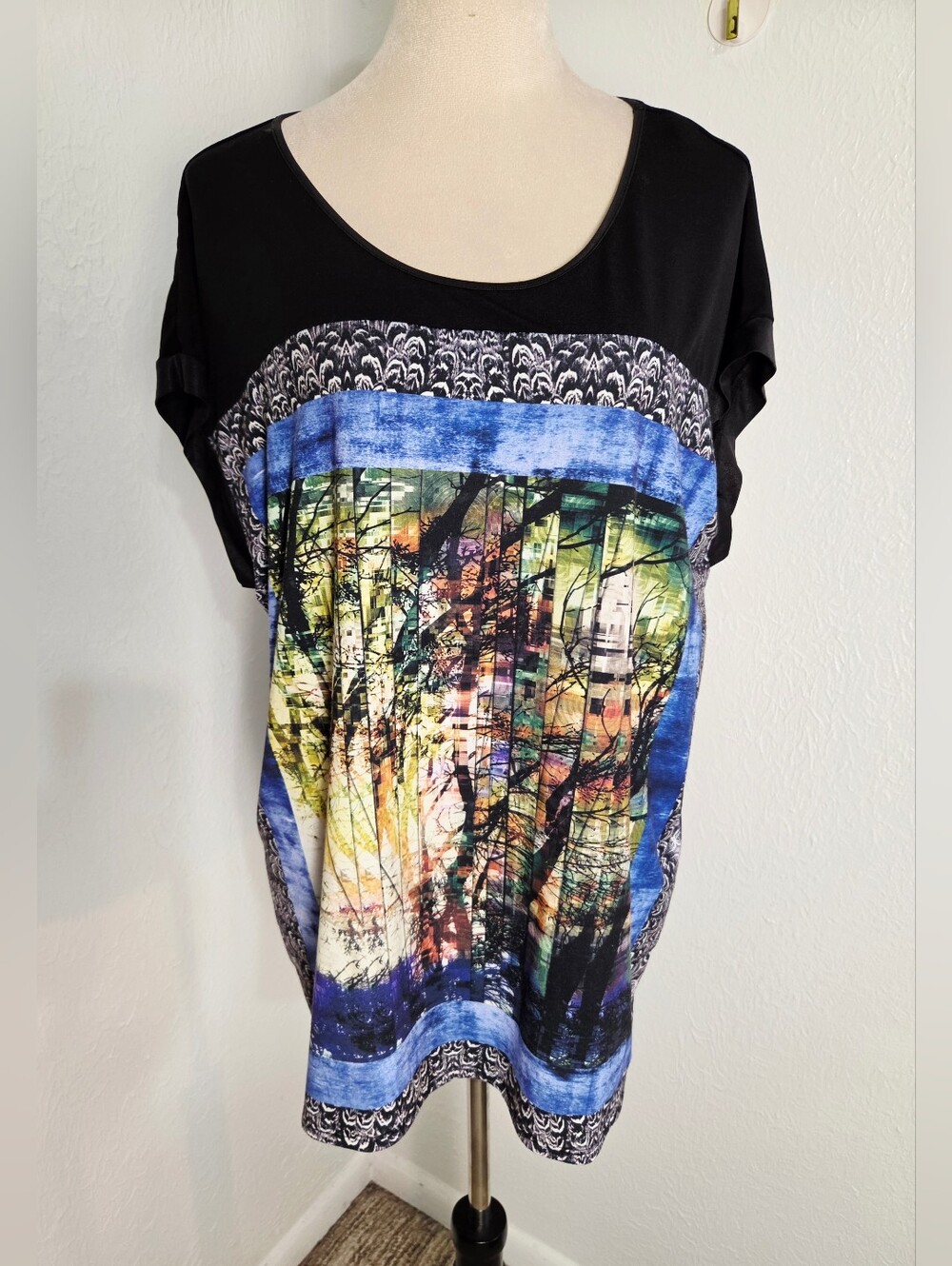 Style & Co. Black Top with Blue & Multicolor Scenic Print on the Front, Size XL - Picture 2 of 8